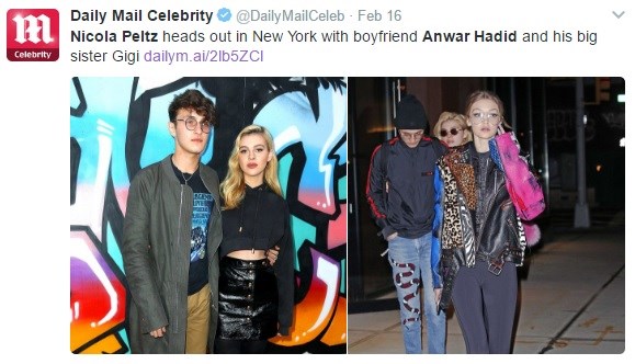 Η ανάρτηση της Daily Mail στο twitter ότι η Nicola Peltz και ο Anwar Hadid