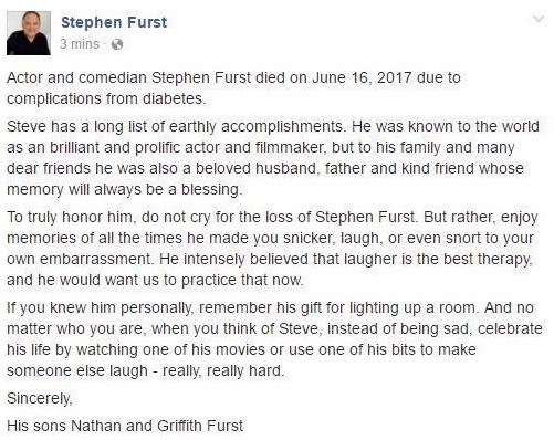 Η ανακοίνωση του θανάτου του Stephen Furst 