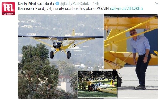 Η ανάρτηση της Daily Mail για το παρολίγον ατύχημα του Harrison Ford με επιβατικό αεροπλάνο