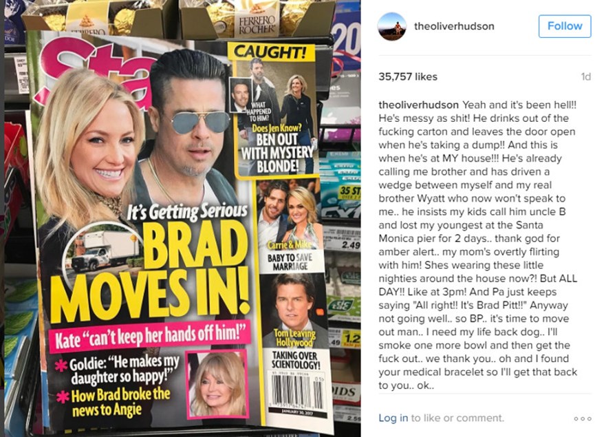 Η ανάρτηση του αδερφού της Kate Hudson, Oliver, για τη σχέση της αδερφής του με τον Brad Pitt