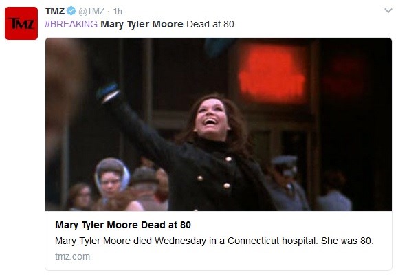 Η ανάρτηση του TMZ στο twitter για τον θάνατο της Mary Tyler Moore