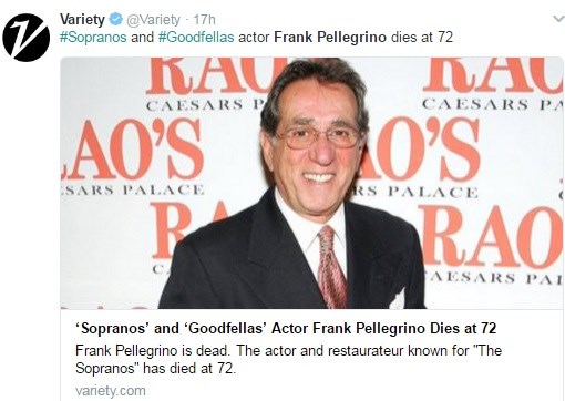 Η ανάρτηση του Variety για τον θάνατο του Frank Pellegrino