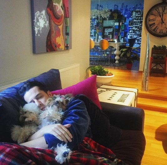 Ο Χάρης Σιανίδης ξαπλωμένος στον καναπέ του σπιτιού του, αγκαλιά με τα δυο του σκυλάκια! 