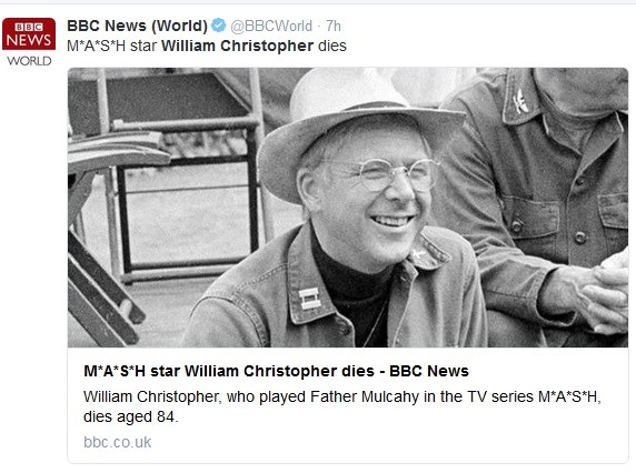 Η αναγγελία θανάτου του William Christopher από το BBC στο twitter