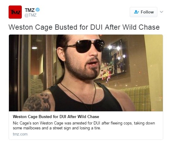 Η ανάρτηση του TMZ για τη σύλληψη του Weston Cage